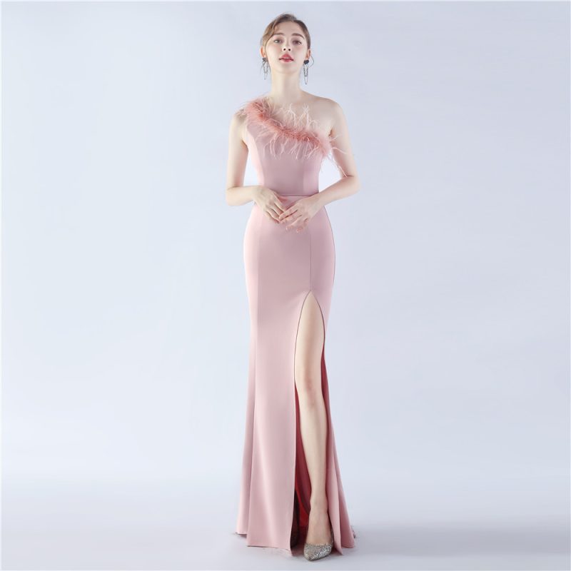 Women’s Satin Ostrich Feather Evening Wedding Dress