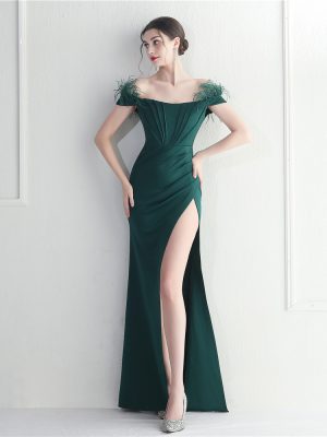 Women’s Off Shoulder Real Fur Split Dress