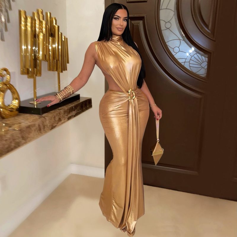 Elegant Turtleneck Split Dress with Arm Covering - Image 2