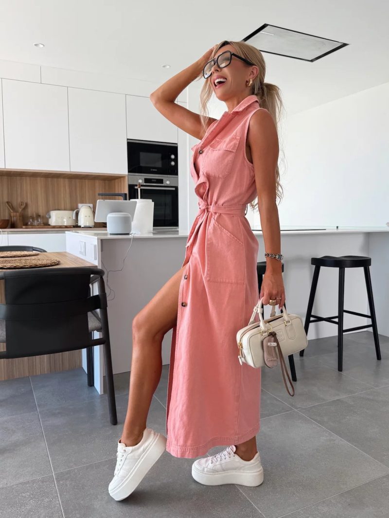 Women’s Sleeveless Tie Waist Single-Breasted Denim Dress - Image 4