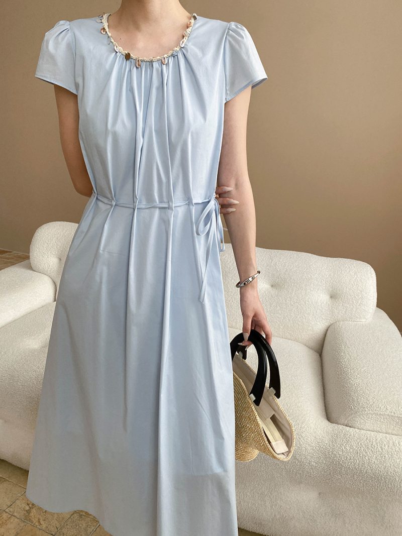 Beaded Round Neck Lace-Up Waist A-Line Dress - Image 2