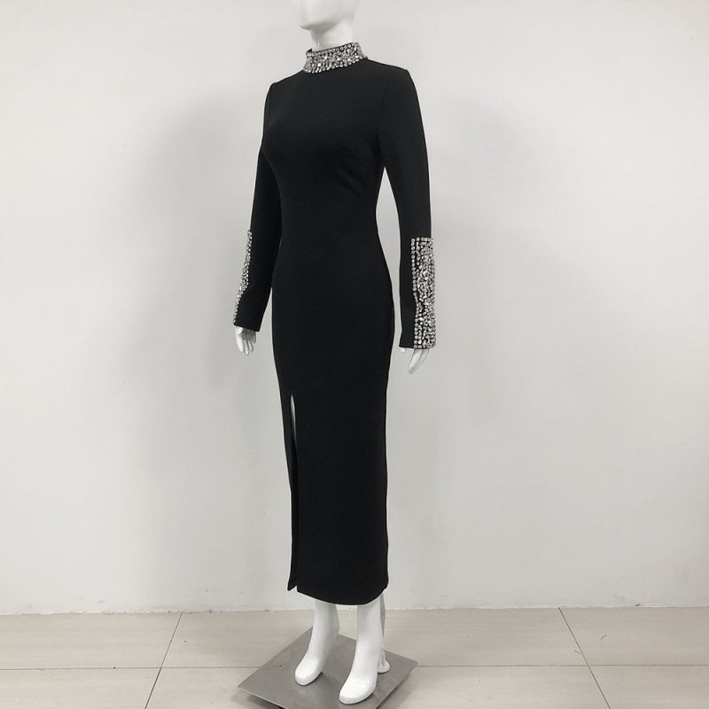 Black Rhinestone Split Long Sleeve Bandage Dress - Image 2