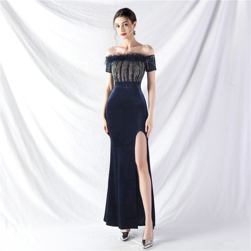 Elegant Ostrich Feather Velvet Off-Shoulder Evening Dress - Image 3