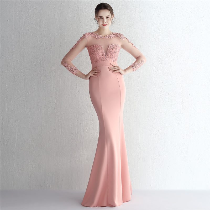 Women’s Satin Rhinestone Lace Fishtail Evening Dress - Image 3