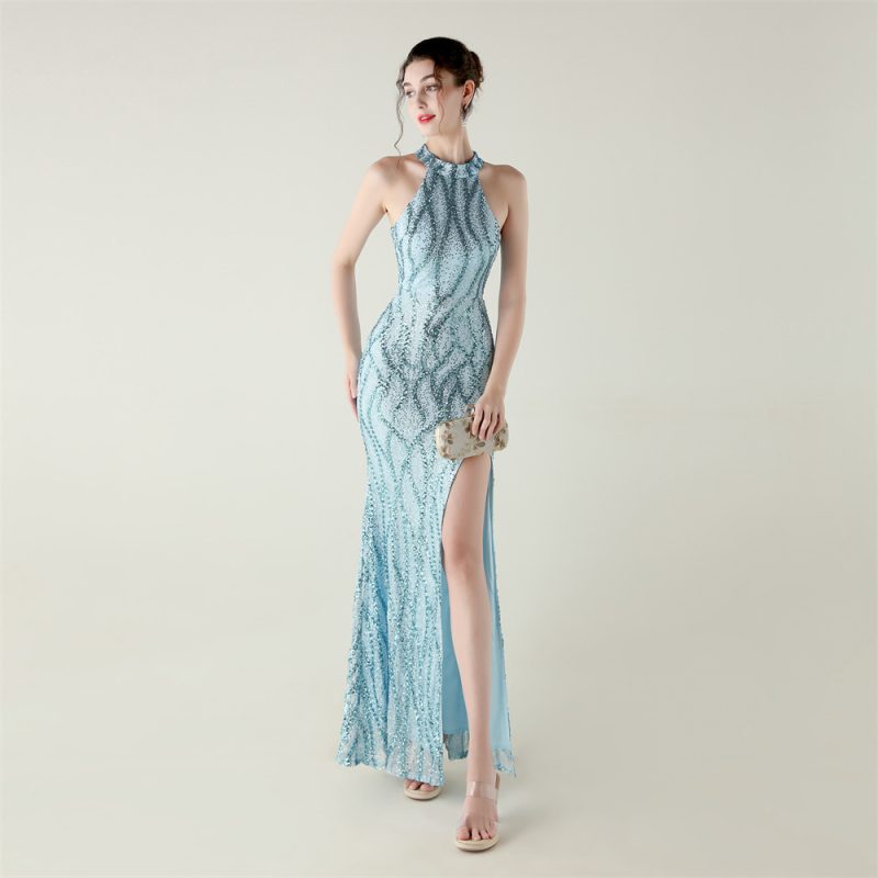 Sequin Beaded Mesh Floral Fishtail Evening Dress - Image 4