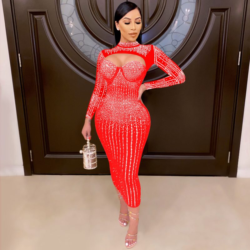 Women’s Mesh Rhinestone Diamond Strap Party Dress