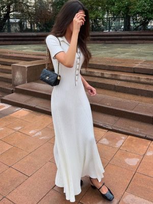 Collared Contrast Color Knitted Sheath Dress for Women