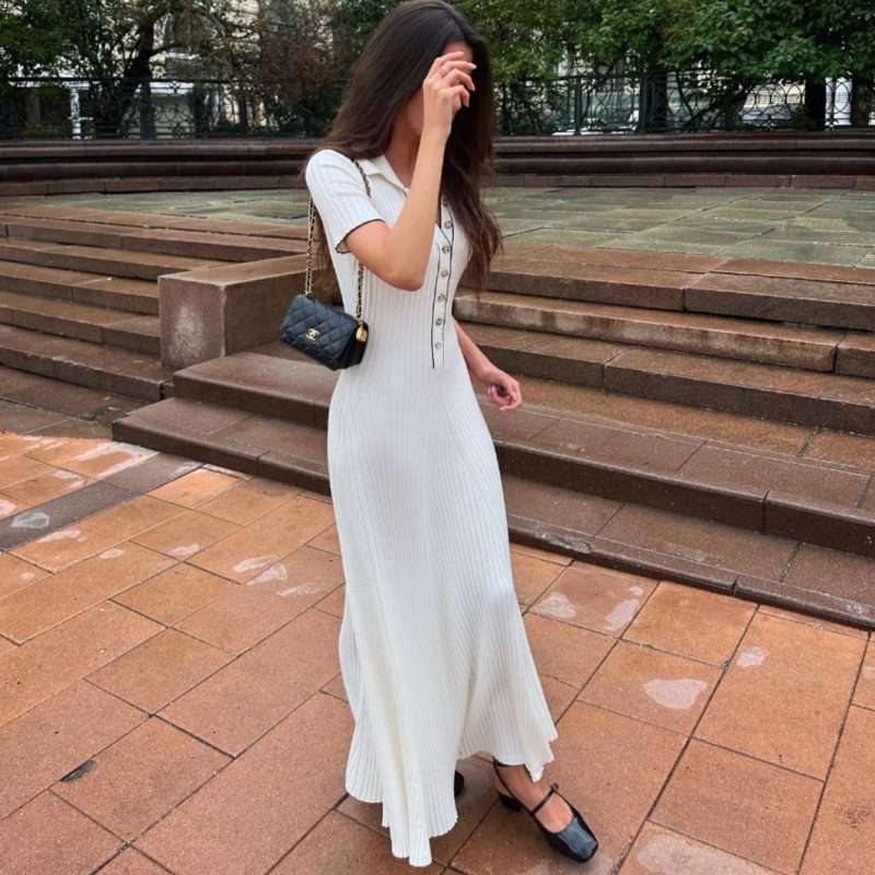 Collared Contrast Color Knitted Sheath Dress for Women