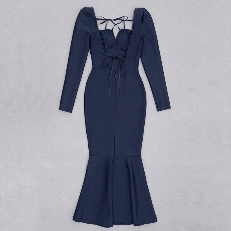 Square Neck Backless Bandage Long Sleeve Dress - Image 3