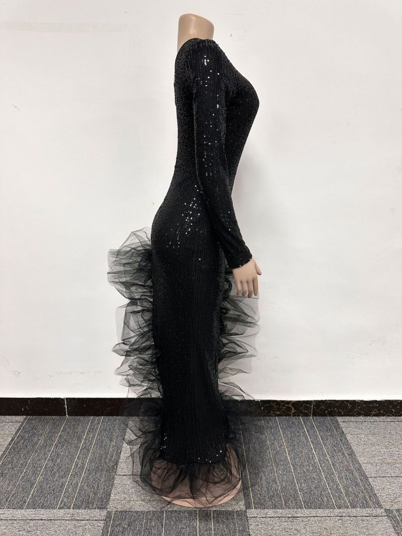 Sequin One Shoulder Mesh Asymmetric Evening Dress - Image 2