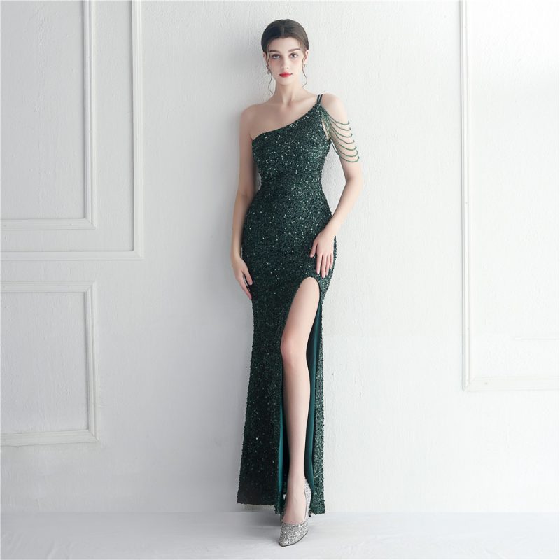 Women’s Beaded One-Shoulder Split Evening Dress - Image 3