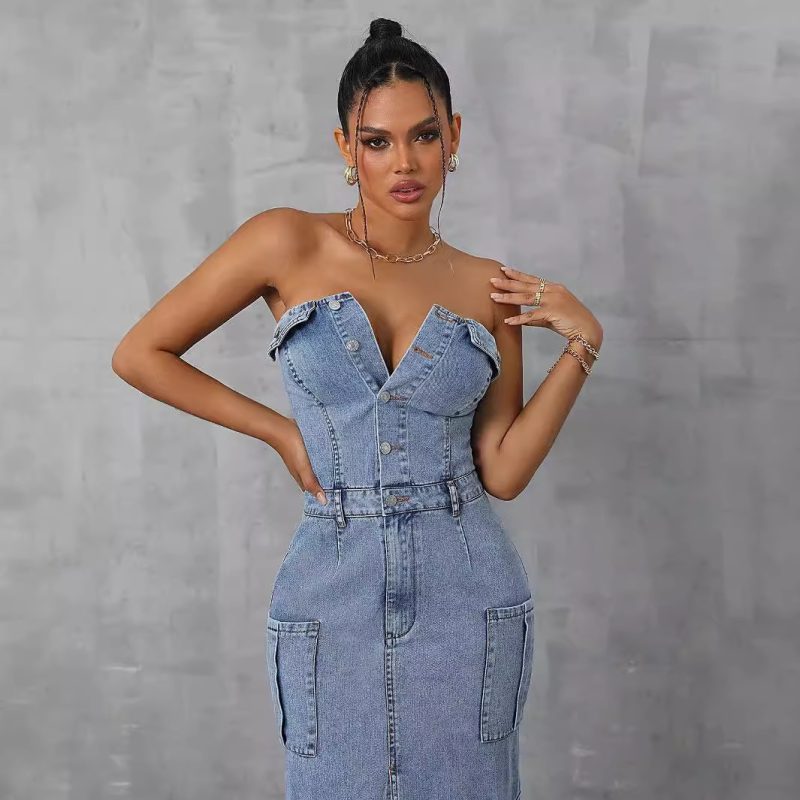 Casual Tube Top Denim Dress with Pockets - Image 2
