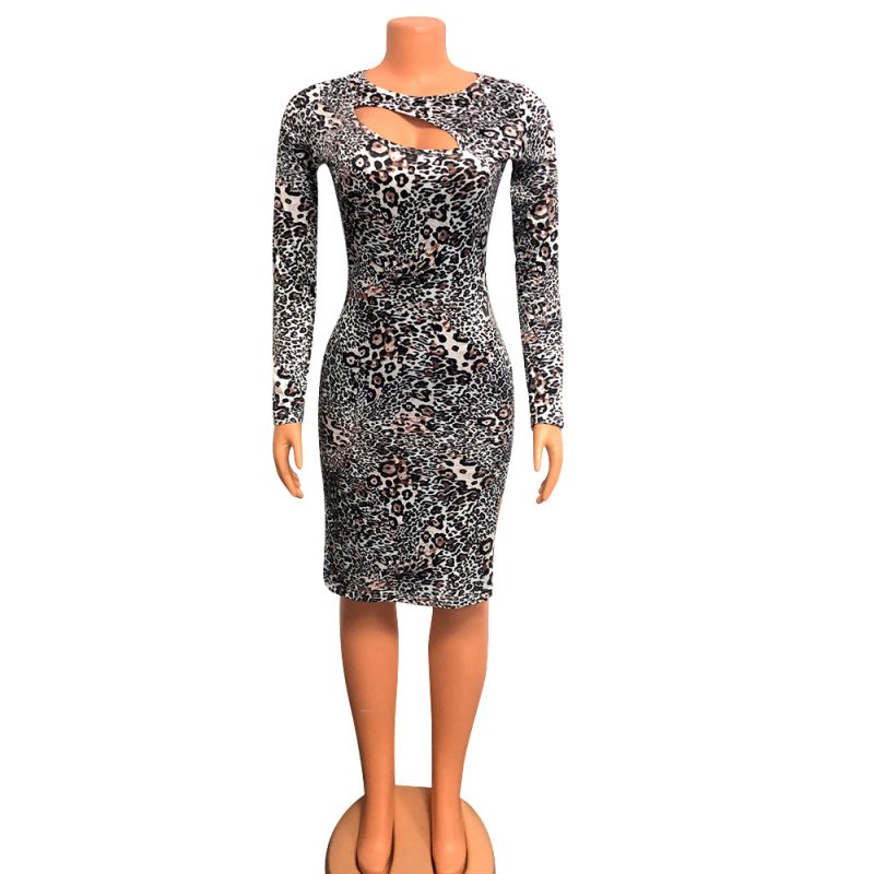 Autumn Leopard Print Hollow Out Long Sleeve Dress - Image 3