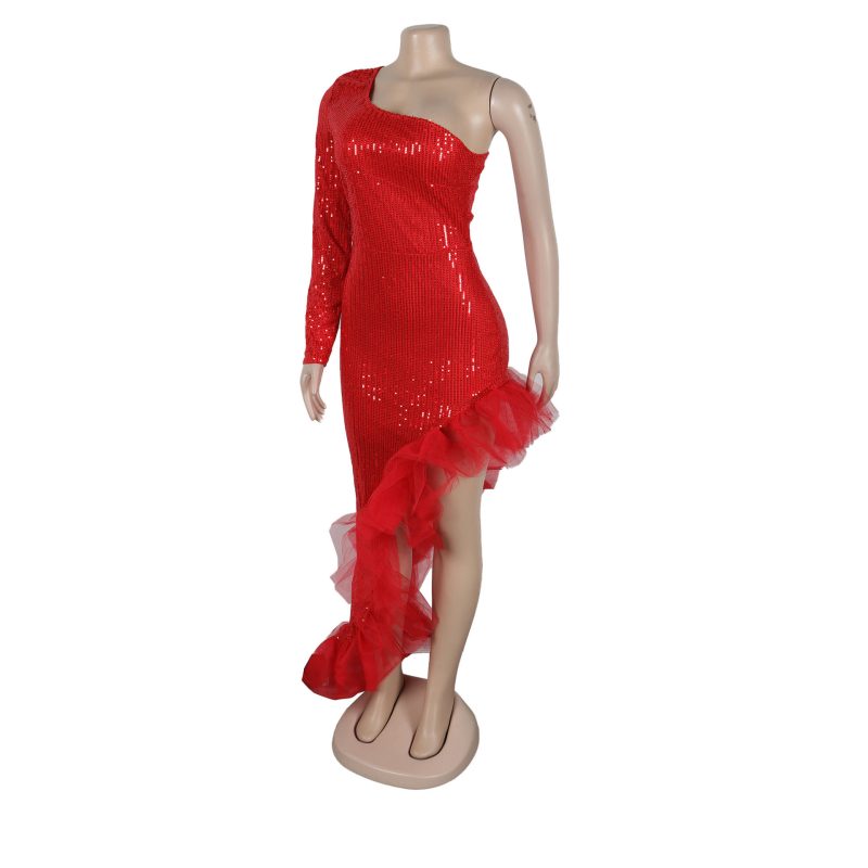 Sequin One Shoulder Mesh Asymmetric Evening Dress - Image 4
