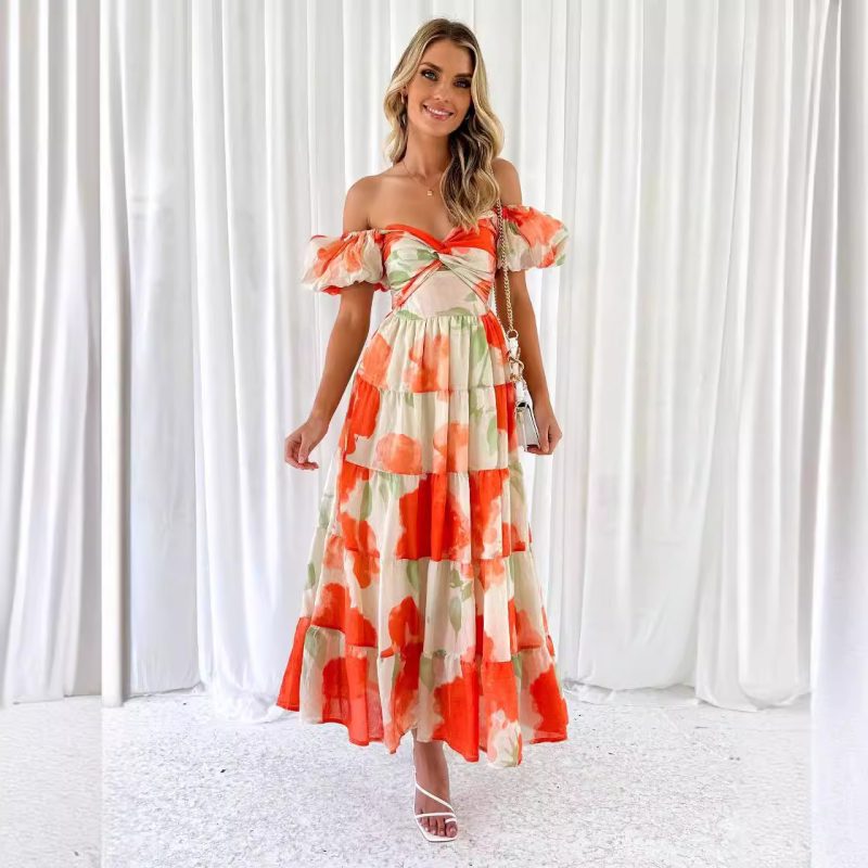 Spring Women’s V-Neck Puff Sleeve Printed Dress - Image 2