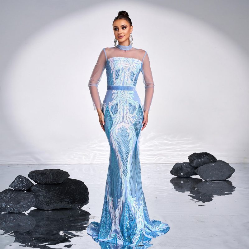 High-End Mesh Sequined Long Sleeve Evening Dress