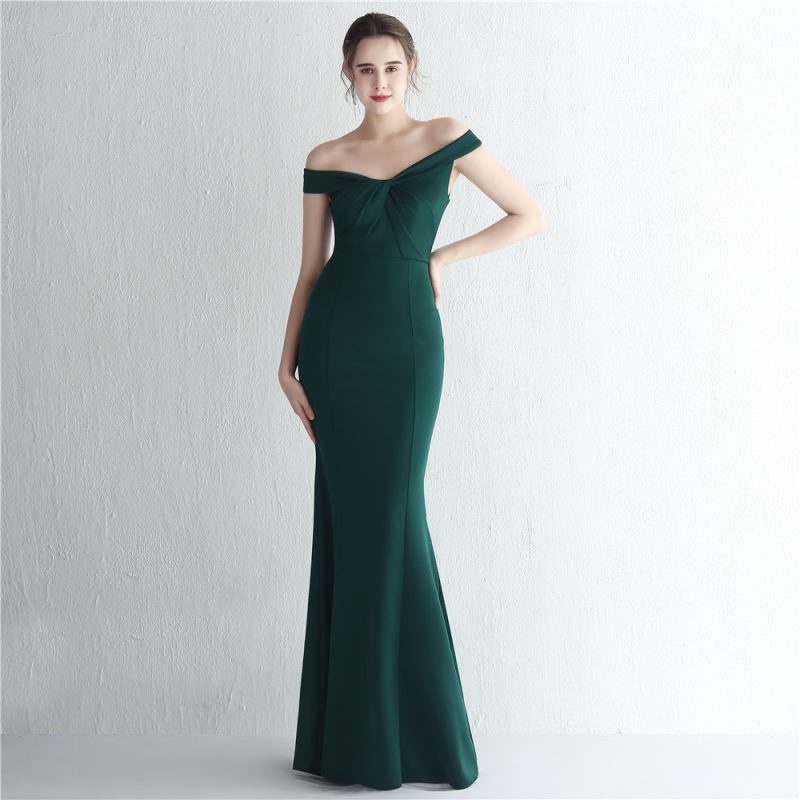Satin Off-Shoulder Fishtail Evening Gala Wedding Dress - Image 2