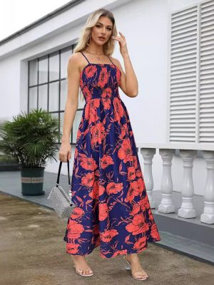 Backless Printed High Waist Suspender Long Dress