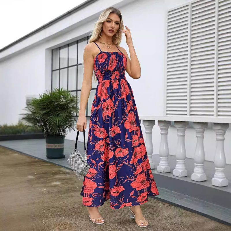 Backless Printed High Waist Suspender Long Dress