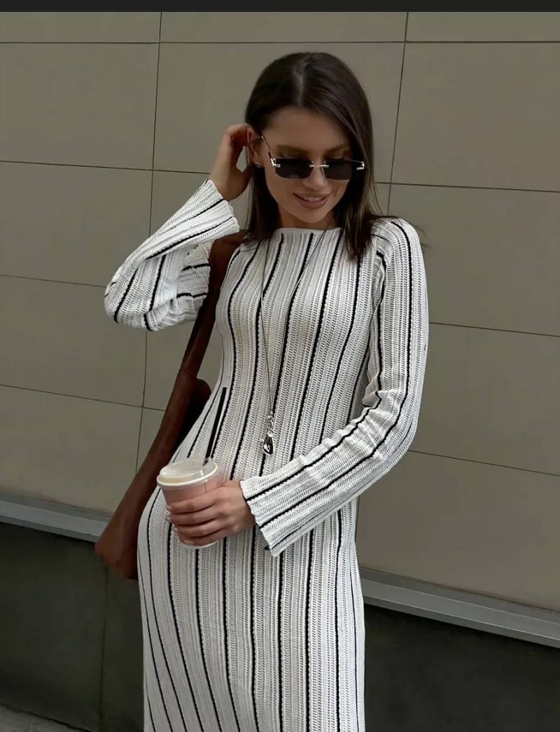Striped Knitted Hollow Out Maxi Dress for Women - Image 3