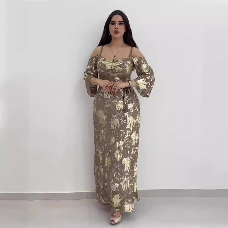 Women’s Autumn Printed Gilded Sling Maxi Dress