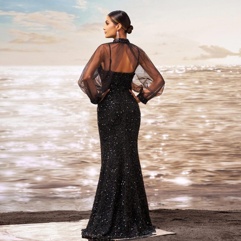 High-End Sequined Fishtail Long Sleeve Evening Dress - Image 2