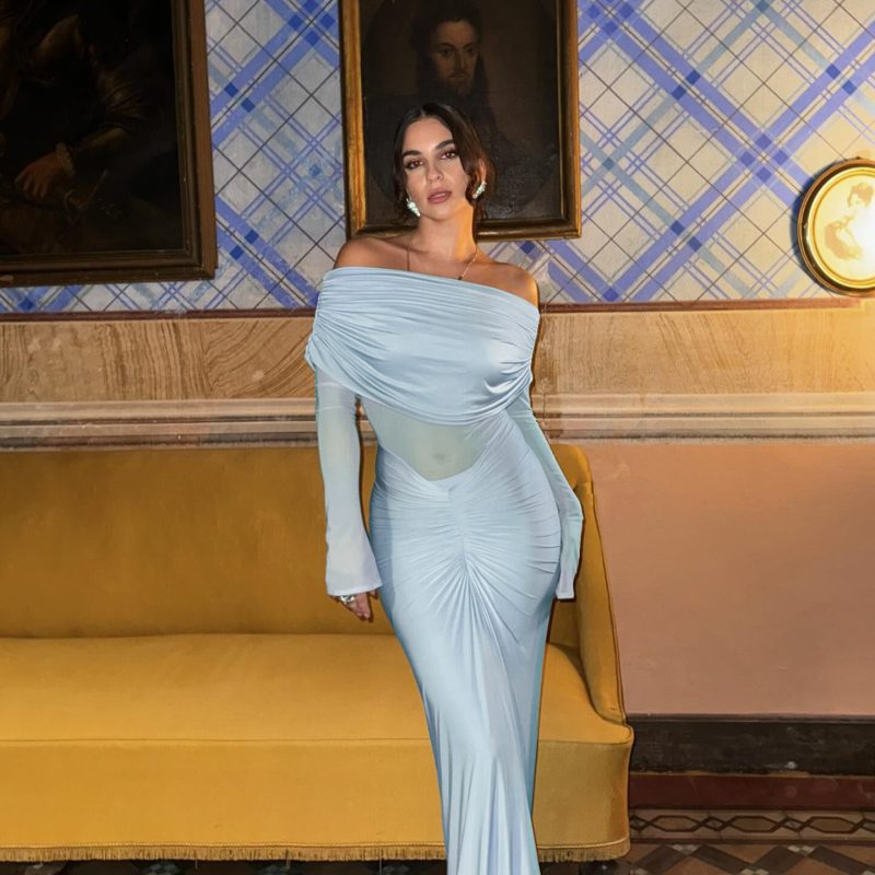 Elegant Off Shoulder Mesh Pleated Maxi Dress - Image 2