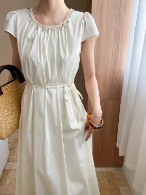 Beaded Round Neck Lace-Up Waist A-Line Dress