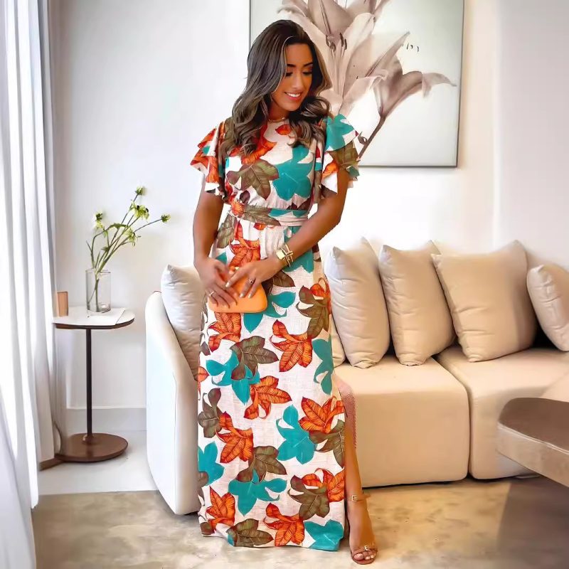 Round Neck Printed Dress with Lace Up Waist
