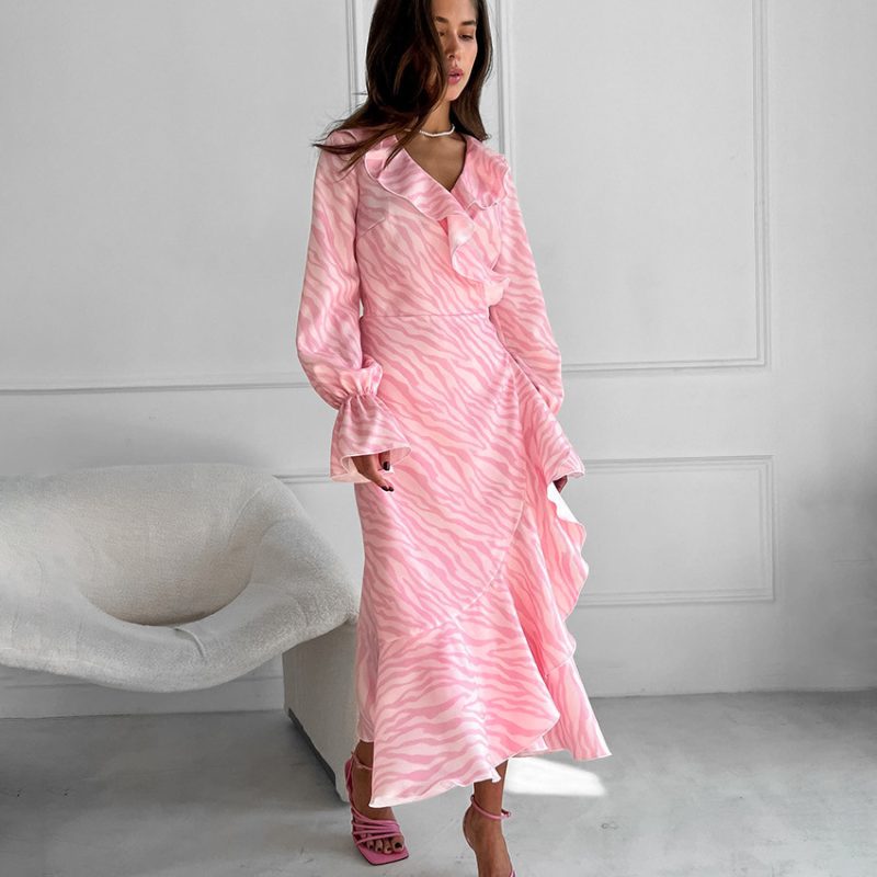 Elegant Pink Ruffled V-Neck Fishtail Maxi Dress - Image 2