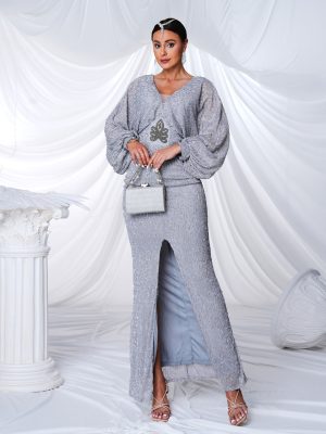 Elegant Sequin V-Neck Long Sleeve Evening Dress