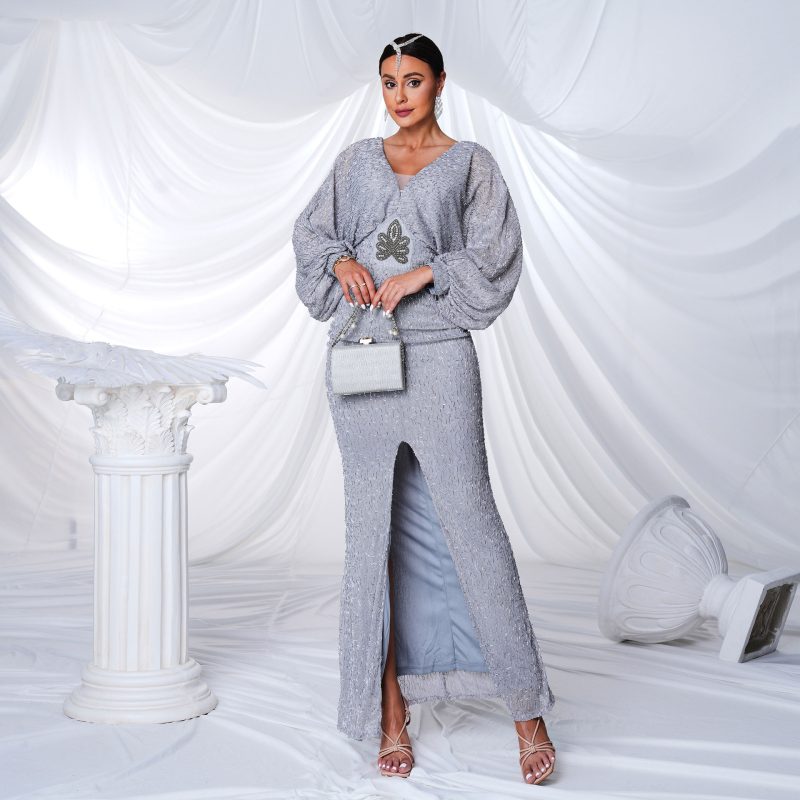 Elegant Sequin V-Neck Long Sleeve Evening Dress