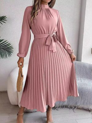 Autumn Winter Elegant Stand Collar Pleated Maxi Dress