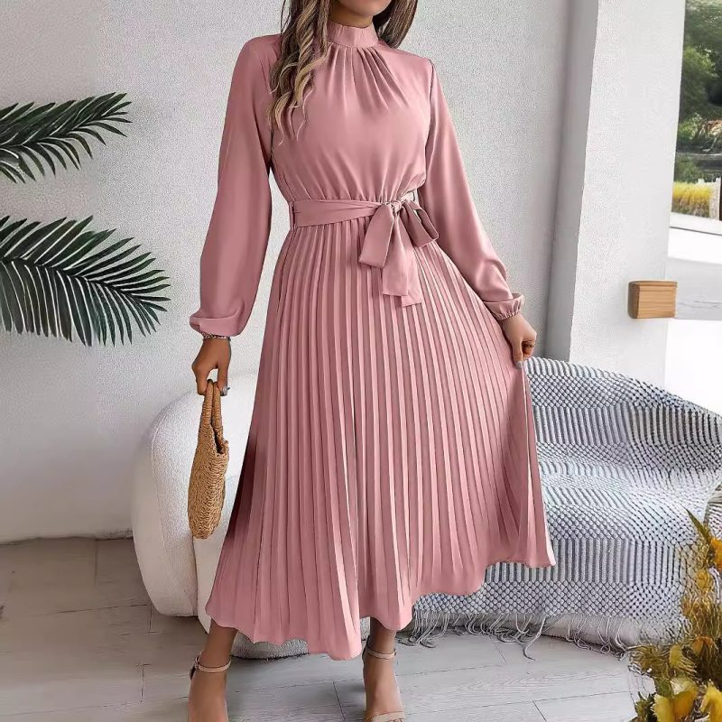 Autumn Winter Elegant Stand Collar Pleated Maxi Dress