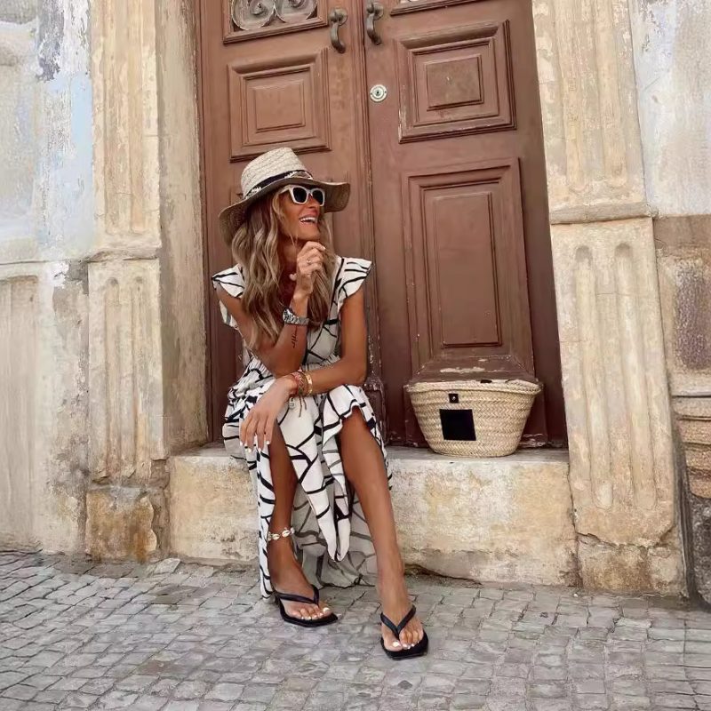 Spring Summer Geometric Print V-Neck Women Dress - Image 3