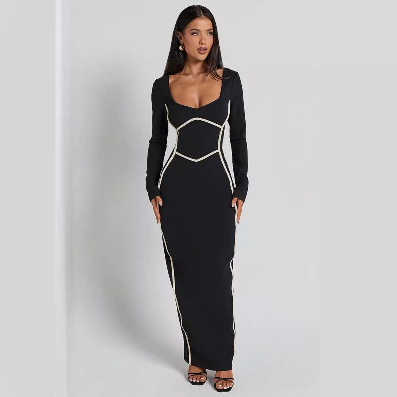 Knitted Backless Long Sleeve Patchwork Women Dress
