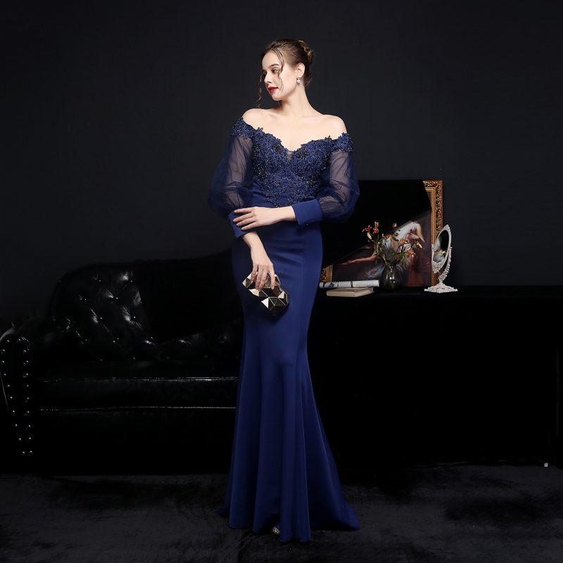 Korean Satin Lace Diamond Long Sleeve Evening Dress - Image 3