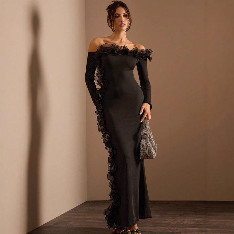 Autumn Winter Off Shoulder Ruffled Maxi Dress