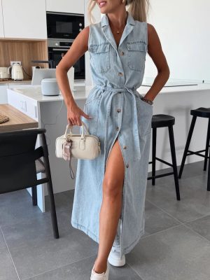 Women’s Sleeveless Tie Waist Single-Breasted Denim Dress