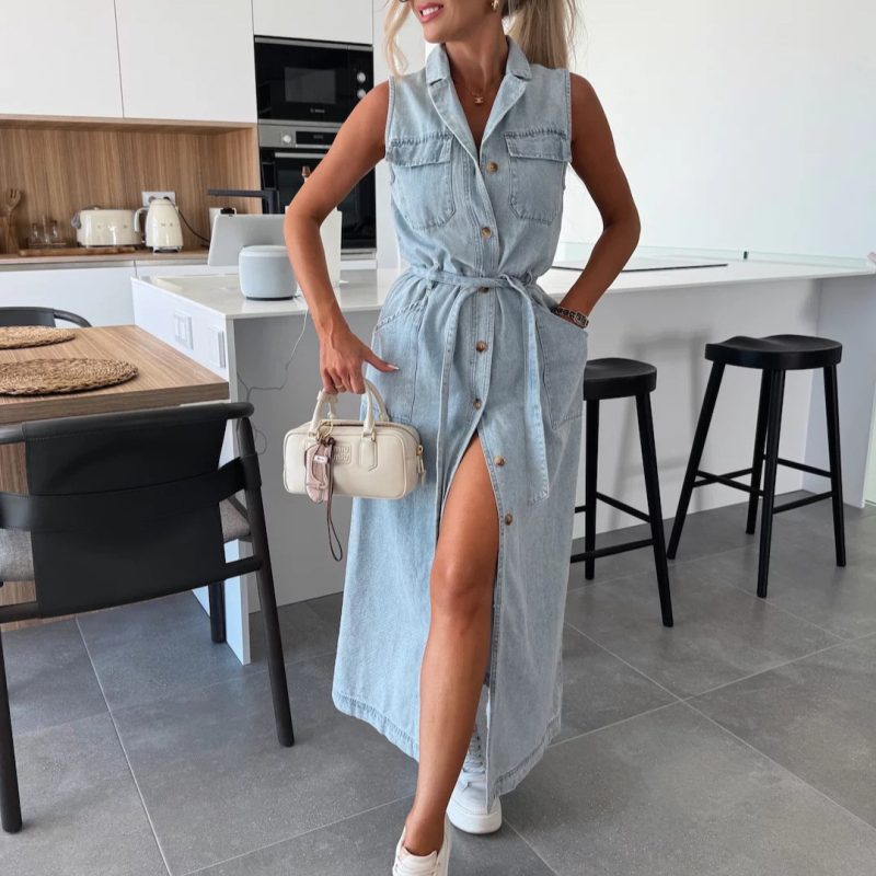 Women’s Sleeveless Tie Waist Single-Breasted Denim Dress