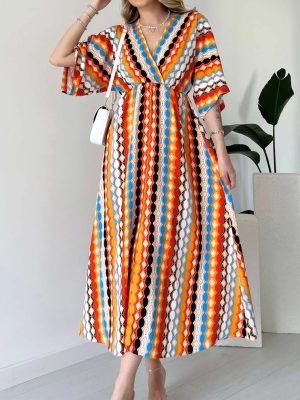 Women’s V-Neck Striped Print Vacation Dress