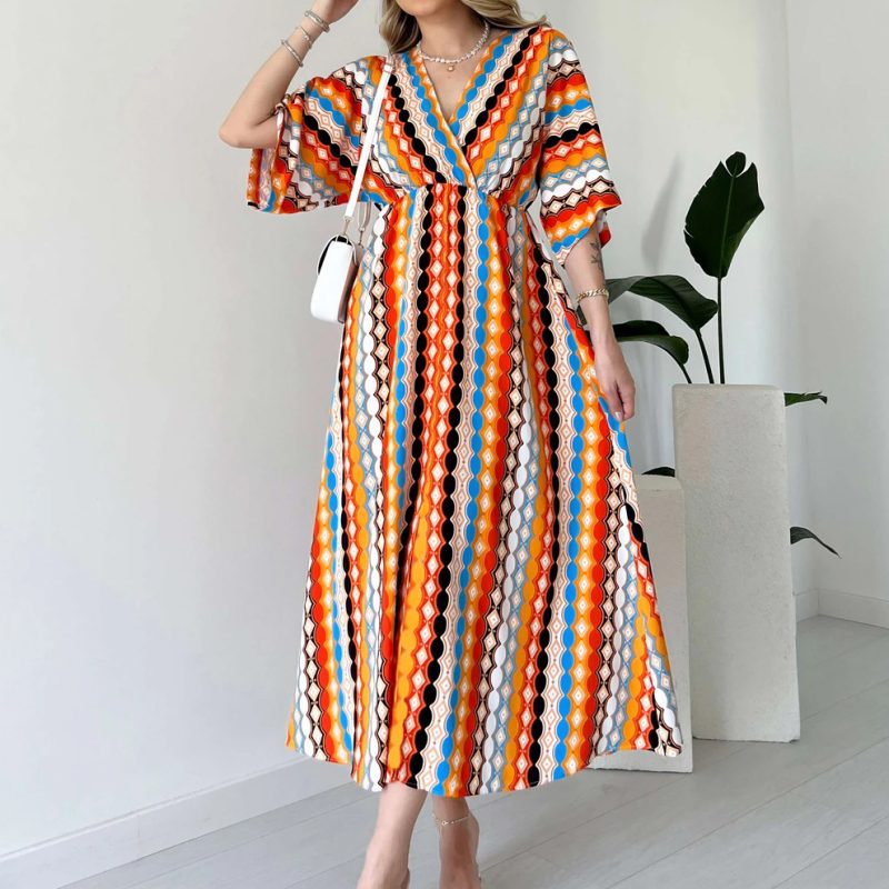 Women’s V-Neck Striped Print Vacation Dress