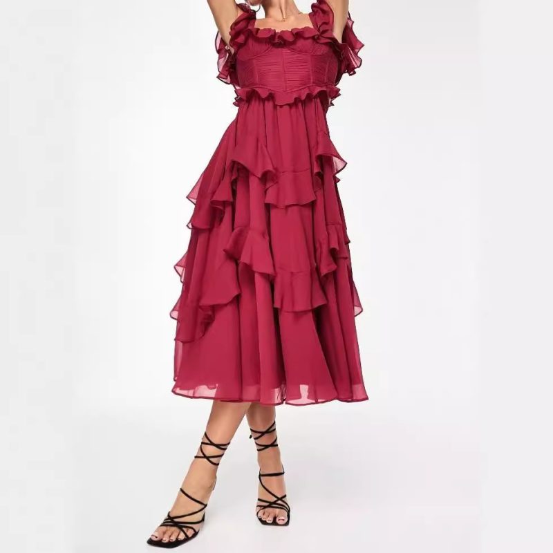Women’s Holiday Lace Backless Tiered Ruffled Dress