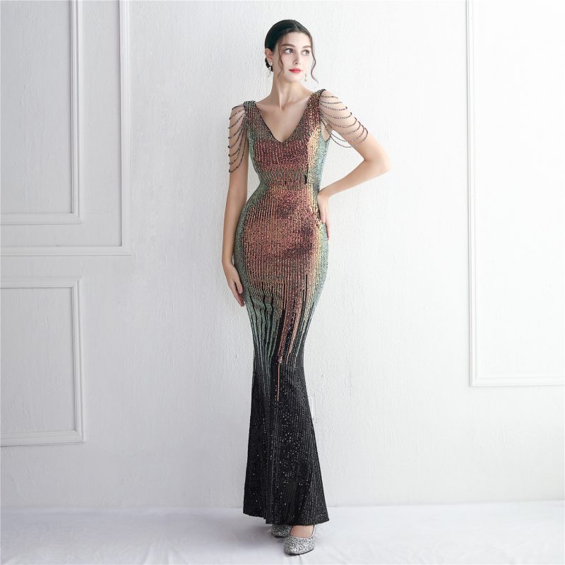 Elegant Mixed Color Sequin Beaded Long Evening Dress - Image 3