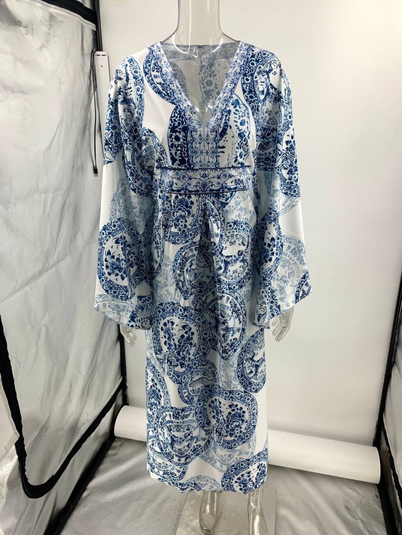Summer Blue White Porcelain Print V-Neck Dress - Image 3