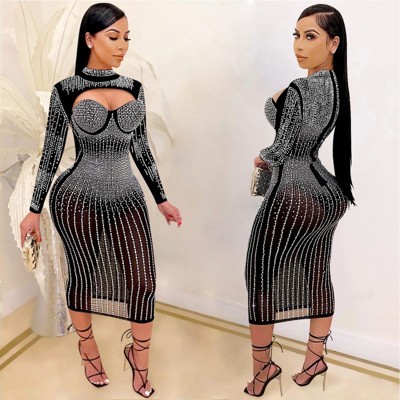 Women’s Mesh Rhinestone Diamond Strap Party Dress - Image 2