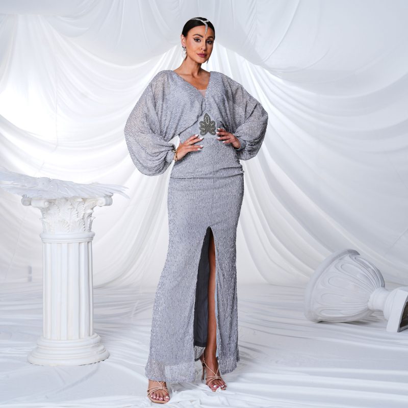 Elegant Sequin V-Neck Long Sleeve Evening Dress - Image 2