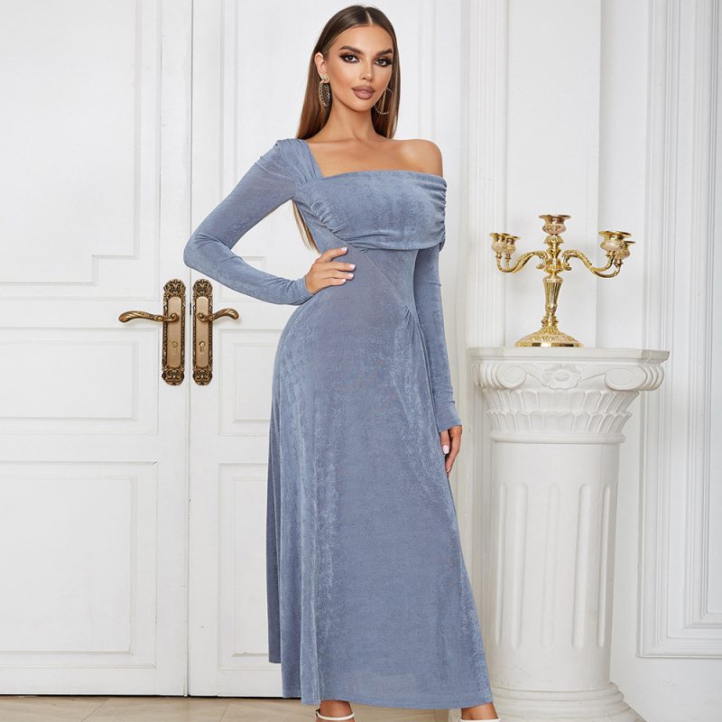 Elegant Off Shoulder Pleated Long Sleeve Dress