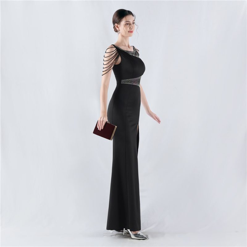 Embroidered Satin Evening Dress with Sheer Mesh Detail - Image 2
