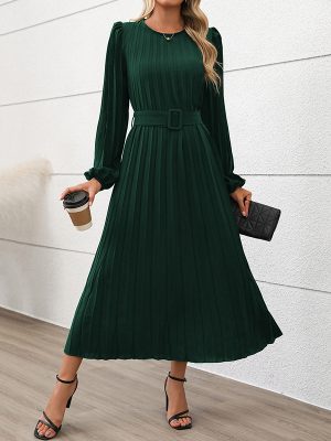 Elegant Office Long-Sleeve Pleated Round-Neck Dress
